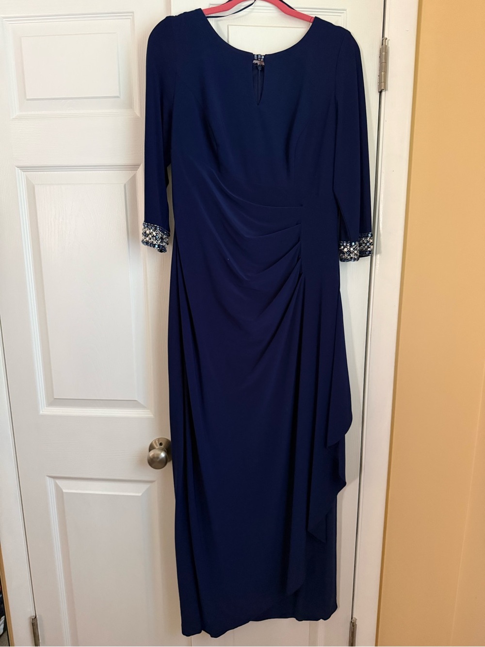 Elegant Navy Blue Evening Dress with Embellished Cuffs. Alex Evenings, size 14